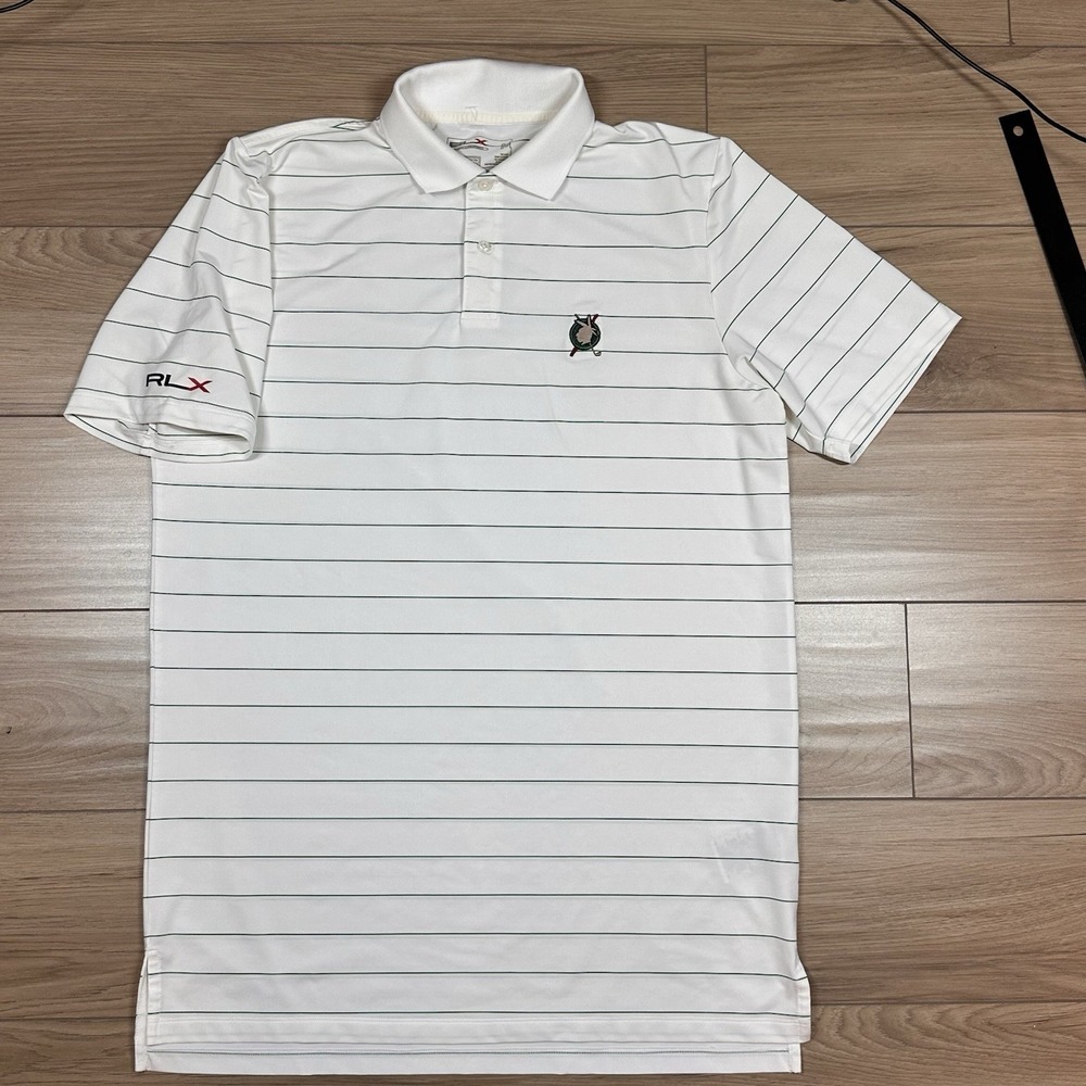 RLX Polo Golf Ralph Lauren Indian Head Logo Striped Polo Shirt Size M White